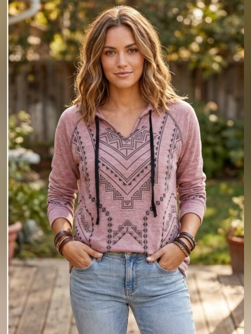 Lola + Grace Mauve Tribal-Print Hooded Scoop Pullover